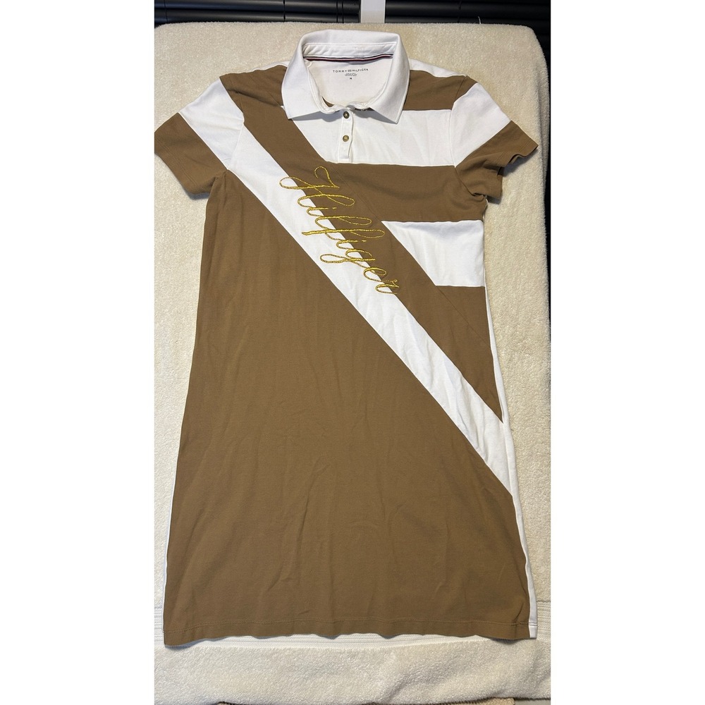 Vintage Tommy Hilfiger Polo Dress Women M Brown White Striped Script Logo Preppy